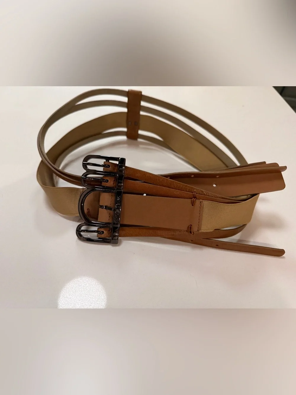 SPORTMAX Max Mara Cognac Leather Multi-Strap Quad Buckle Waist Belt M NWOT